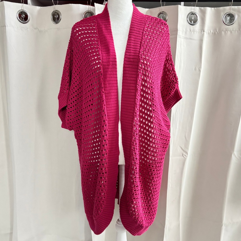 Lane Bryant Crochet Open Knit Cardigan Cotton Size 18/20 Fucshia Coastal 19921